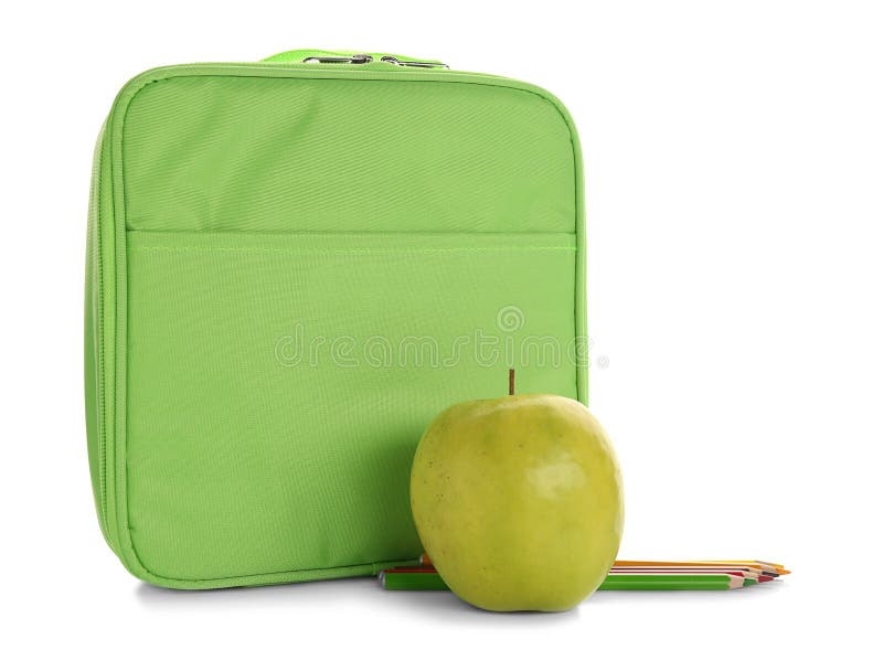 Grön lunchask, aptitretande äpple och färgrika blyertspennor arkivbild Grön lunchask, aptitretande äpple och färgrika blyertspennor arkivbild