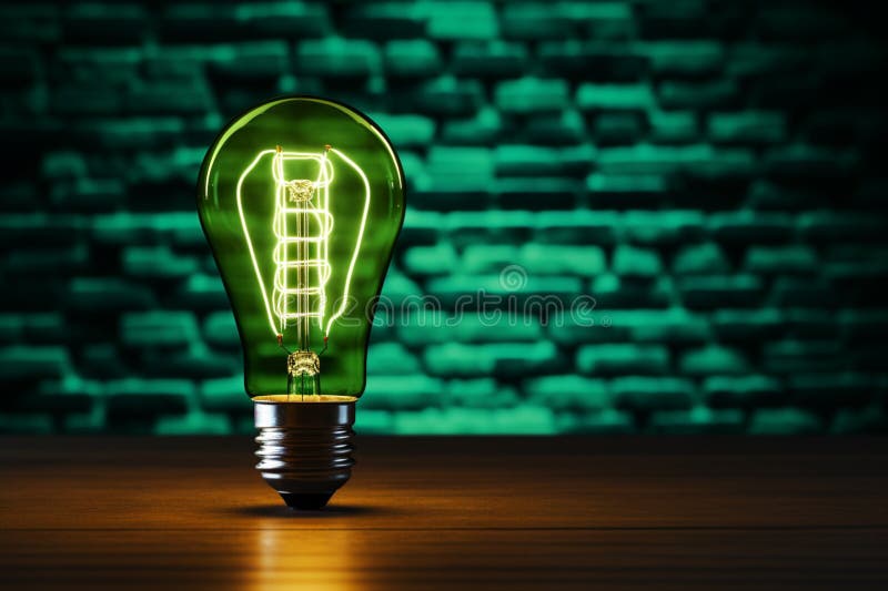 Grön neonlampa för stadsändamål med glödlampa på tegelvägg stock illustrationer