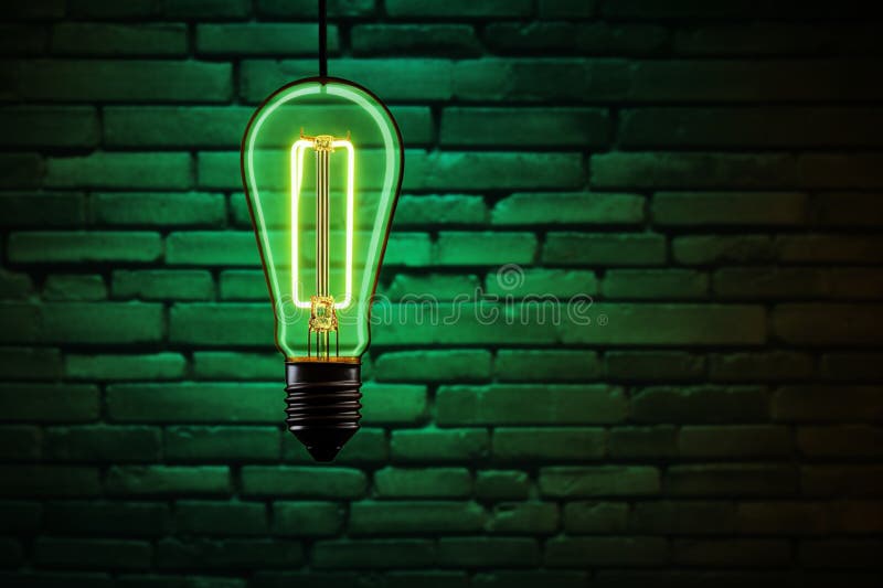 Grön neonlampa för stadsändamål med glödlampa på tegelvägg royaltyfri illustrationer
