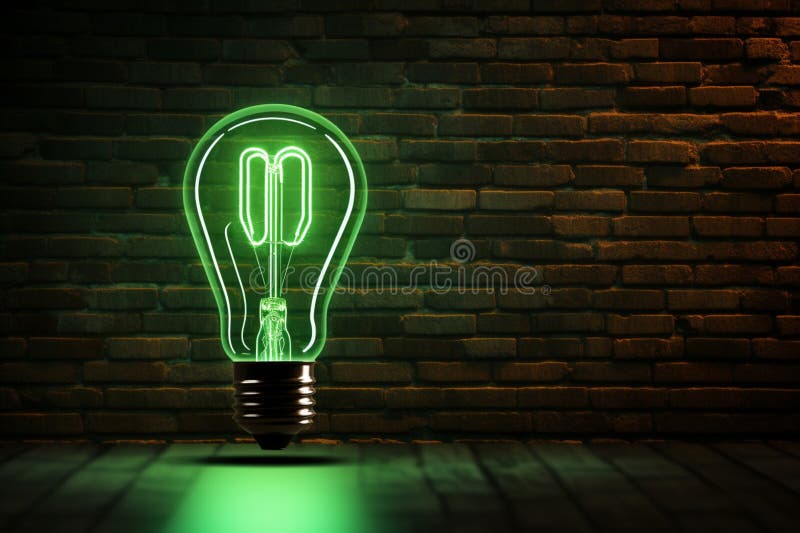 Grön neonlampa för stadsändamål med glödlampa på tegelvägg royaltyfri illustrationer