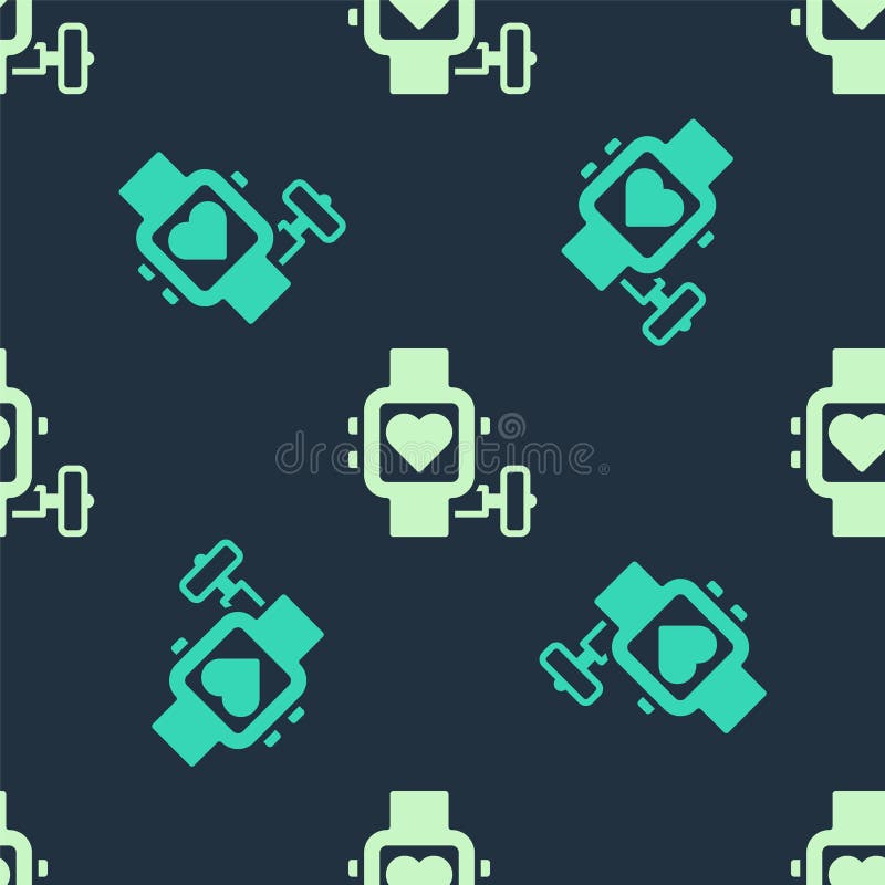 Grön och beisisk smart klocka som visar en isolerad sömlös symbol för hjärtslag på blå bakgrund. Fitness App stock illustrationer