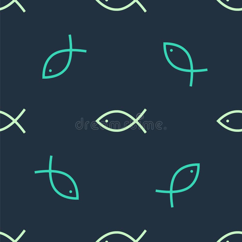 Grön och beitisk ikon för den kristna fisksymbolen, isolerat sömlöst mönster på blå bakgrund. fisksymbol. vektor stock illustrationer
