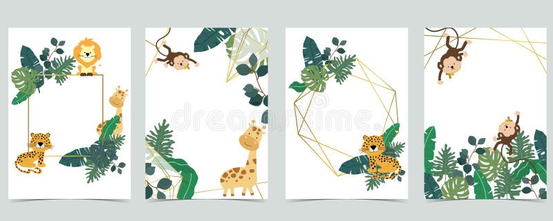 Green collection of jungle frame set with leaf,leaves,leopard,lion,giraffe vector illustration for birthday invitation,postcard,logo. Green collection of jungle frame set with leaf,leaves,leopard,lion,giraffe vector illustration for birthday invitation,postcard,logo