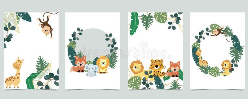 Green collection of jungle frame set with leaf,leaves,leopard,lion,giraffe vector illustration for birthday invitation,postcard,logo. Green collection of jungle frame set with leaf,leaves,leopard,lion,giraffe vector illustration for birthday invitation,postcard,logo