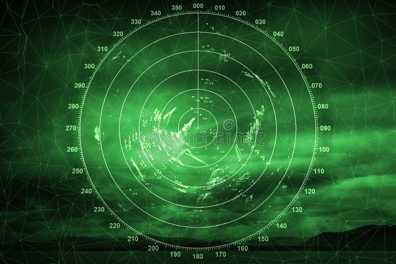 Green navigation system screen with illuminated radar image. Green navigation system screen with illuminated radar image