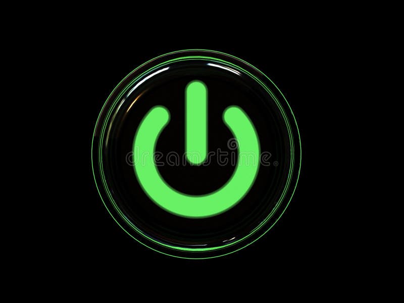 Green power button isolated on black background. High resolution 3D image. Green power button isolated on black background. High resolution 3D image.