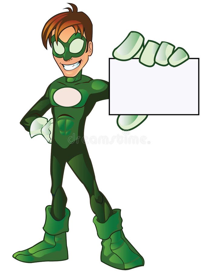 Grön supermaskot för pojkehjältetecknad film stock illustrationer
