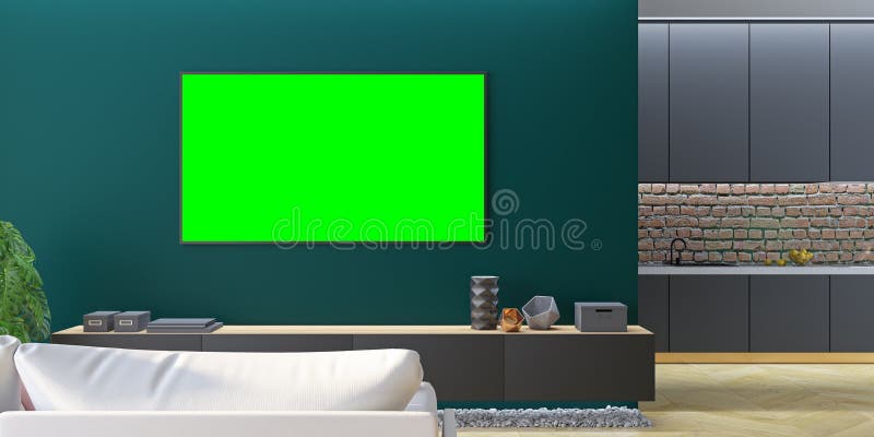 Grön vardagsrumTVåtlöje upp med soffan, kök, konsol stock illustrationer