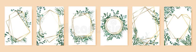 Gröna bladramar. Vårbröllopsinbjudningar, florala grenar, geometriska gränser. elegant florerande bildrutevektor vektor illustrationer
