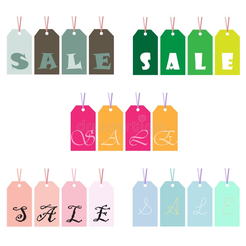 Gröna blåa rosa orange prislappar som symboliserar SALE stock illustrationer Gröna blåa rosa orange prislappar som symboliserar SALE stock illustrationer