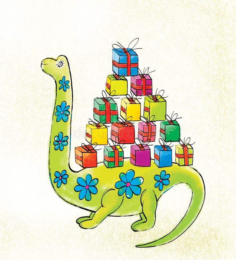 Gröna dinosaurer med florororala dekorationsmedel bär ett gäng färgstarka lådor med gåvor på ryggen Stilisering av underordnade o vektor illustrationer Gröna dinosaurer med florororala dekorationsmedel bär ett gäng färgstarka lådor med gåvor på ryggen Stilisering av underordnade o vektor illustrationer