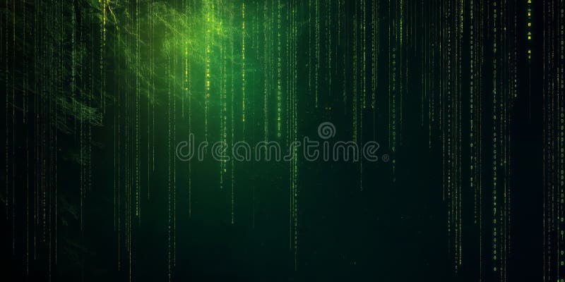 Gröna krypterade dataströmmar som faller som digitalt regn i mörk bakgrund stock illustrationer