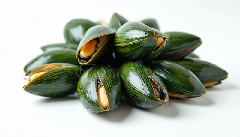 Gröna läppmusslor isolerade på vita. Färsk råskallivsmedelsingrediens. Mjukgastronomi med hög proteinhalt. Klar stock illustrationer