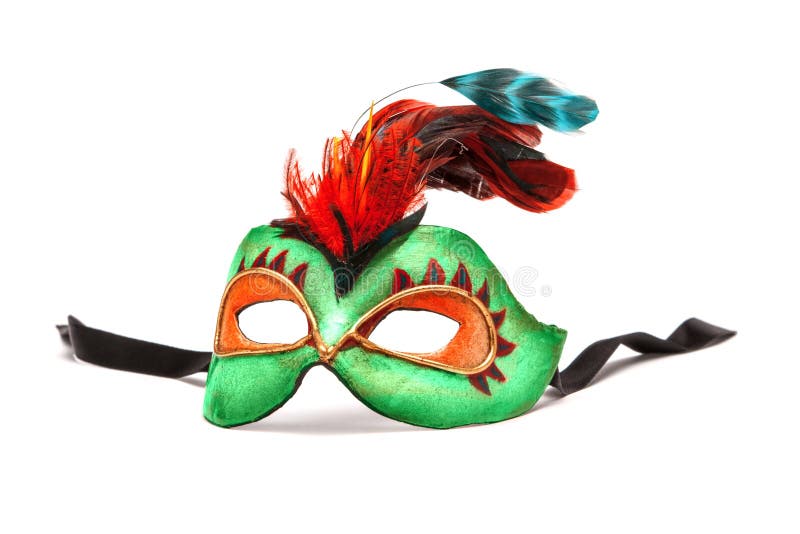 Gröna Mardi Gras Mask med fjädrar på vit bakgrund med bla royaltyfria bilder Gröna Mardi Gras Mask med fjädrar på vit bakgrund med bla royaltyfria bilder