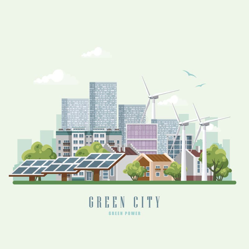 Grönt begrepp för ecostadsvektor Infographic med uppsättningen av byggnader, infrastruktur, modern teknologi och växter Plan design