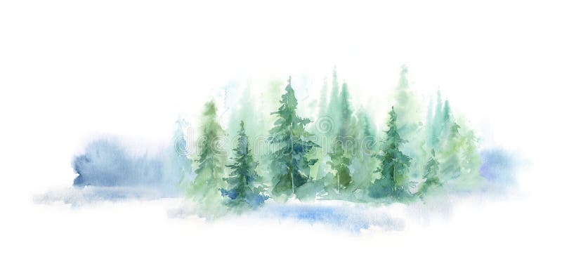 Watercolor background drawn landscape of foggy forest, winter hill. Wild nature, taiga. Watercolor background drawn landscape of foggy forest, winter hill. Wild nature, taiga.