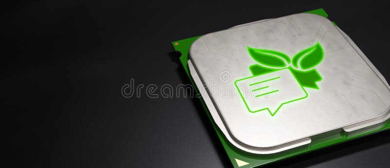 Grönt miljömeddelande på en minsta banderoll av typen cpu-mikrochip 3d rendera vektor illustrationer