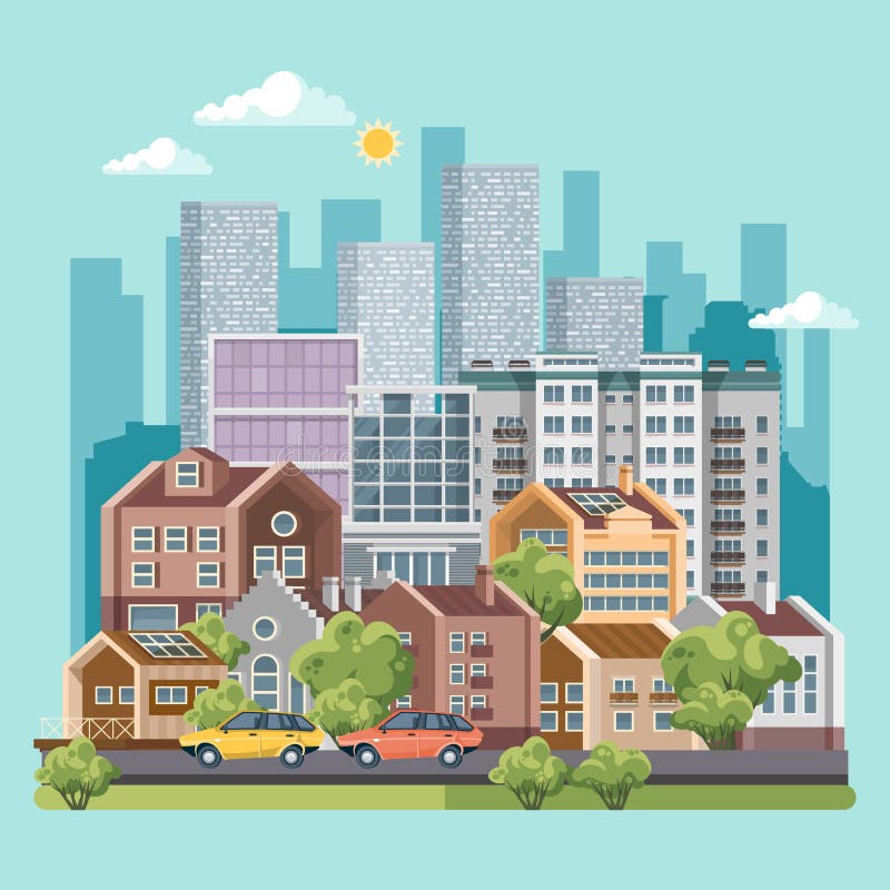 Grönt stadsvektorbegrepp Infographic med uppsättningen av byggnader, infrastruktur, modern teknologi och växter stock illustrationer