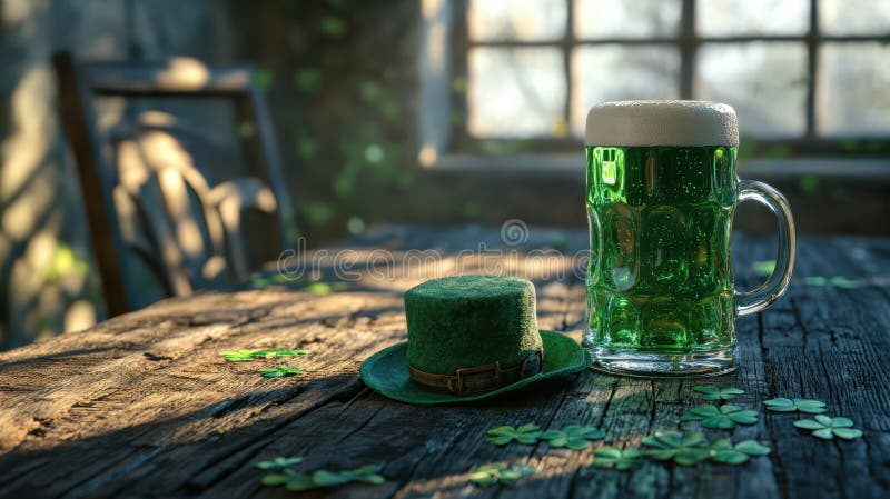 Grönt öl och liten leprechaunhatt på rustiskt bord nära fönster. första. royaltyfri foto