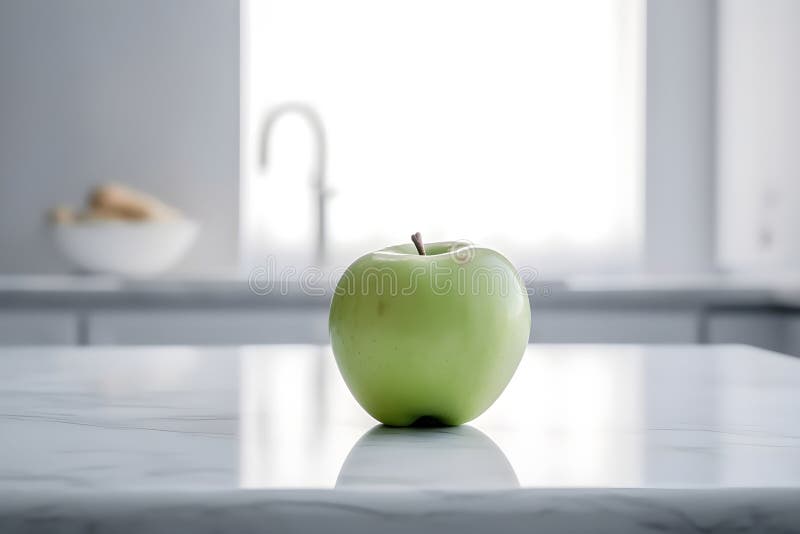 Grönäpple på vitt bord på vit modern köksbakgrund. behålla begreppet ungt välbefinnande. generativ ai. högkvalitativ illustration