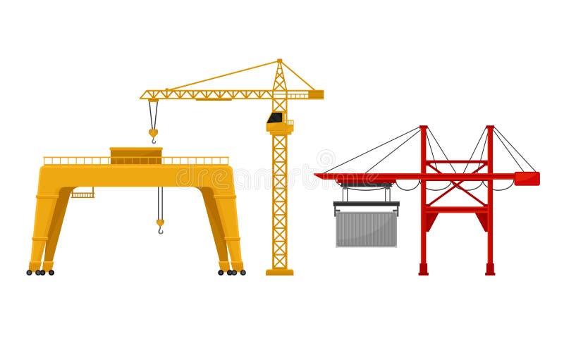 Crane as Machine for Lifting and Lowering Materials Vector Set. Device with Hoist Rope for Transporting Heavy Things at Construction Site. Crane as Machine for Lifting and Lowering Materials Vector Set. Device with Hoist Rope for Transporting Heavy Things at Construction Site