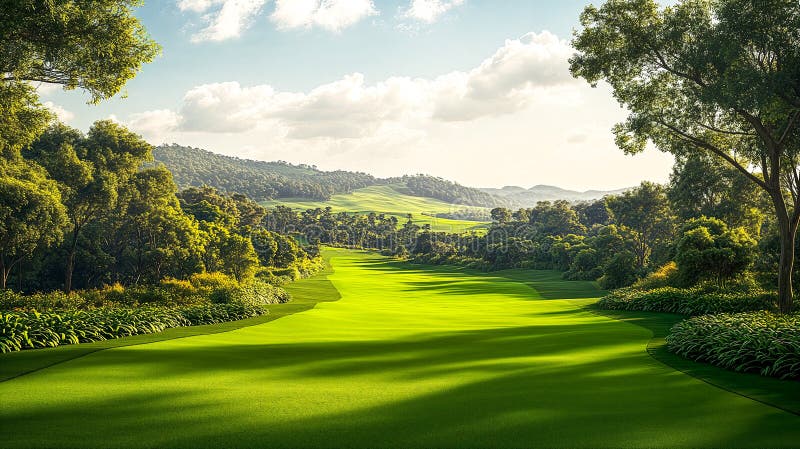 Grün Golfplatz unter hellen Himmel mit sanften Hügeln. ai generative lizenzfreie abbildung