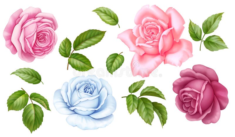 Grünblätter der weißen Blumen Rosen-Rosas lokalisiert auf weißem Hintergrund stock abbildung