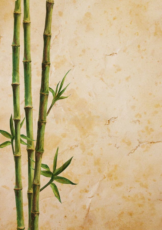 Green bamboo stems and leaves isolated on old brown paper vertical background. Watercolor hand drawn botanical illustration with space for text. Watercolour card background. Green bamboo stems and leaves isolated on old brown paper vertical background. Watercolor hand drawn botanical illustration with space for text. Watercolour card background.