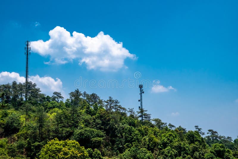 Grüne Baumwald- und -telekommunikationstürme gegen klaren blauen Himmel mit weißen flaumigen Wolken lizenzfreie stockfotos Grüne Baumwald- und -telekommunikationstürme gegen klaren blauen Himmel mit weißen flaumigen Wolken lizenzfreie stockfotos