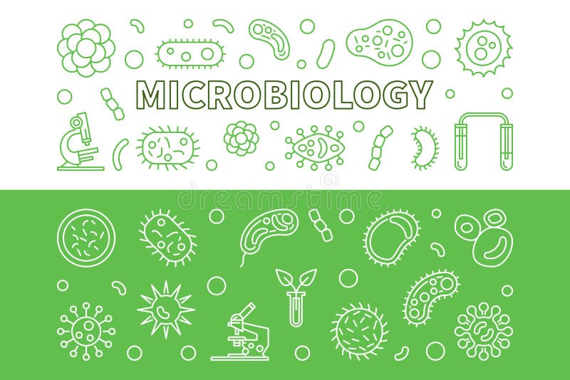 Microbiology green horizontal banners. Vector concept illustration in thin line style. Microbiology green horizontal banners. Vector concept illustration in thin line style