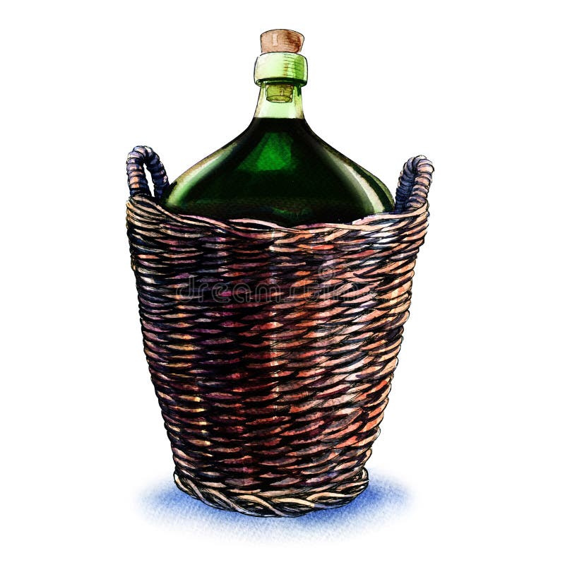 Grüne Flasche Wein im Weidenkorb lokalisiert auf Weiß vektor abbildung
