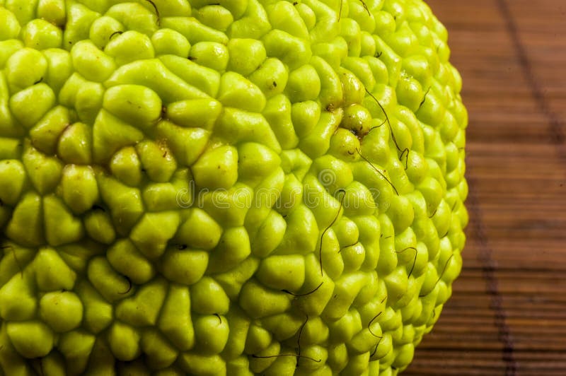 Grüne Frucht von Maclura pomifera, Orangen, Pferdeapfel, Adamapfel wachsen auf Bambusmatte lizenzfreie stockfotos