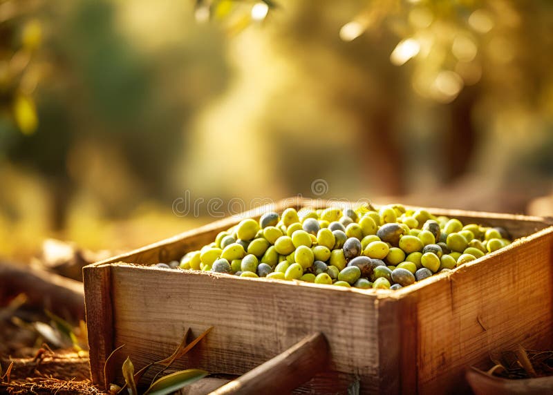 Grüne Oliven in Holzkisten auf einem unscharfen Hintergrund eines Olivenhains stockbilder