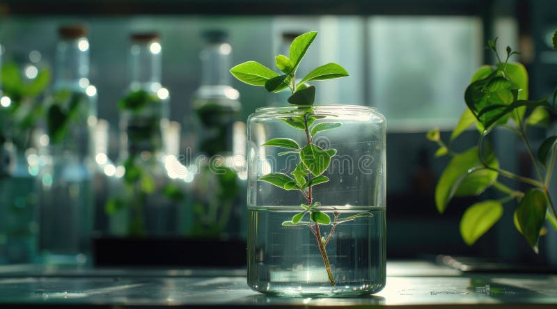 Plant research, green plant in a glass jar in a laboratory. Ecological breeding and plant development. Plant research, green plant in a glass jar in a laboratory. Ecological breeding and plant development.