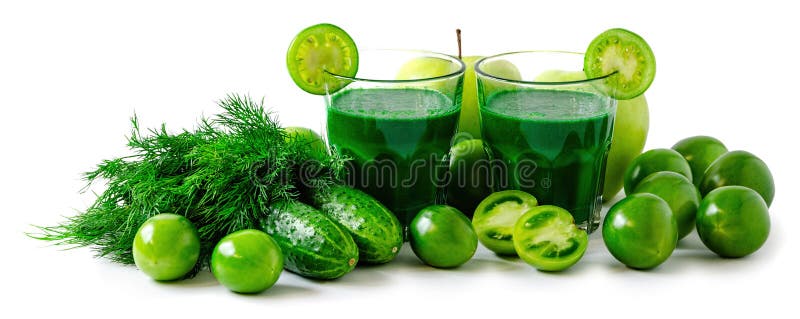 Grüne Smoothies mit Frischgemüse und den Früchten lokalisiert lizenzfreie stockfotos Grüne Smoothies mit Frischgemüse und den Früchten lokalisiert lizenzfreie stockfotos