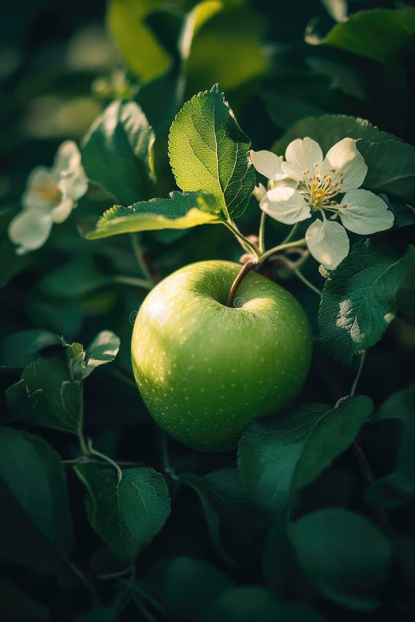 Grüner Apfel auf Baumzweig stockbilder