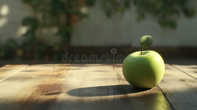 Grüner Apfel auf Holztisch stockfotografie