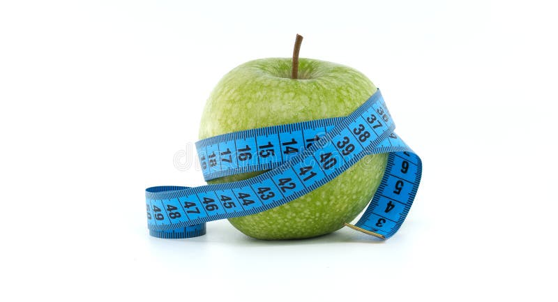 Grüner Apfel mit blauem Messband für das Gesundheitskonzept vektor abbildung