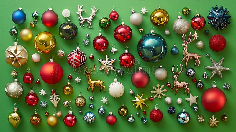 Grüner Hintergrund mit einer großen Auswahl an Weihnachtsschmuck lizenzfreies stockbild
