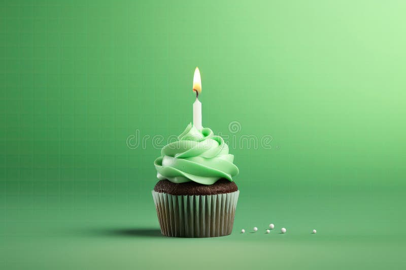 Grüner Kuchen mit beleuchteter Kerze auf grünem Hintergrund Leerraum. generative Hilfe stock abbildung