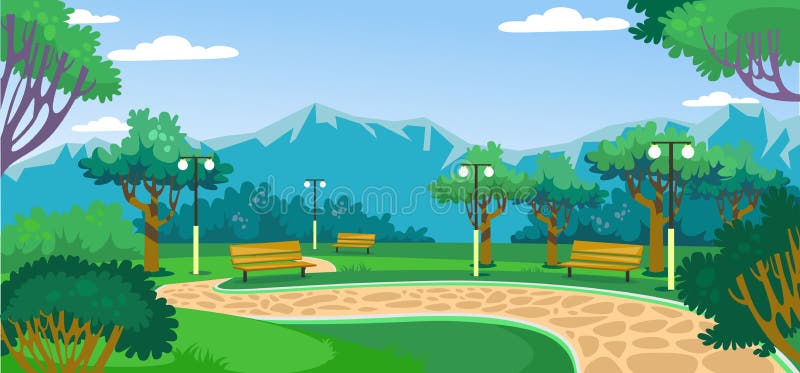 Grüner Park mit schönen Landschaft und Bergen lizenzfreie abbildung