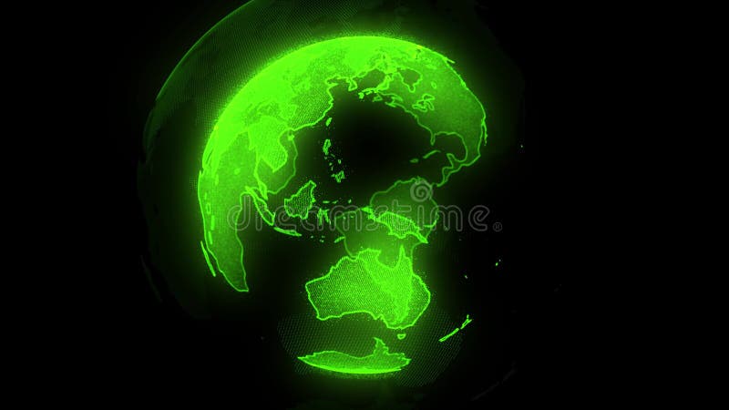 Grüner Planet Digital von Erde Drehende Kugel mit glänzenden Kontinenten Animation 3D mit digitaler Erde und Partikeln stock abbildung