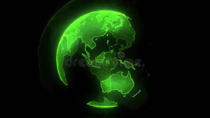 Grüner Planet Digital von Erde Drehende Kugel mit glänzenden Kontinenten Animation 3D mit digitaler Erde und Partikeln lizenzfreie abbildung