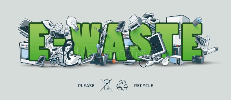 The waste electrical and electronic equipment creating pile around the E-Waste sign. Computer and other obsolete used electronic waste stack on title. Waste management concept. Graffity and street art feeling. The waste electrical and electronic equipment creating pile around the E-Waste sign. Computer and other obsolete used electronic waste stack on title. Waste management concept. Graffity and street art feeling.