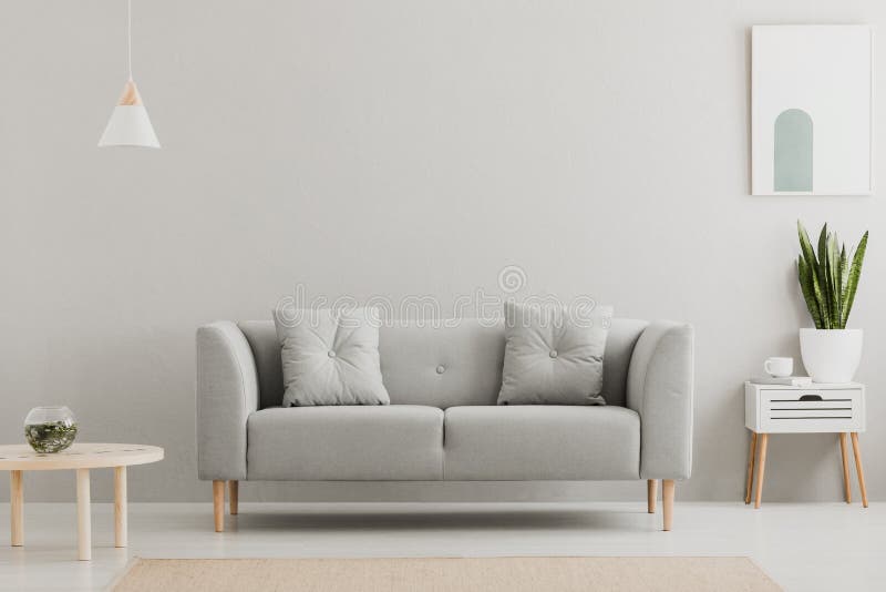 Grünpflanze auf einem skandinavischen Kabinett mit Fach und einer gemütlichen Couch mit Kissen in einem grauen, einfachen Wohnzim