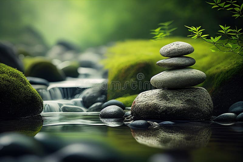 Grămada zen de pietre echilibrate în apa verde lasă un mediu pașnic în natură royalty free illustration