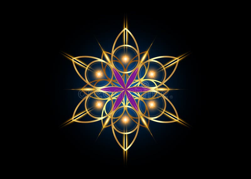 Flower of Life symbol Sacred Geometry. Shiny Gold luxury Logo icon round geometric mystic purple mandala of alchemy esoteric Seed