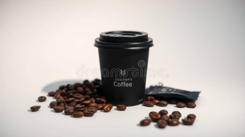 Gtachen\'s coffee is ready to go with coffee beans and a sugar packet on a clean white surface royalty free illustration