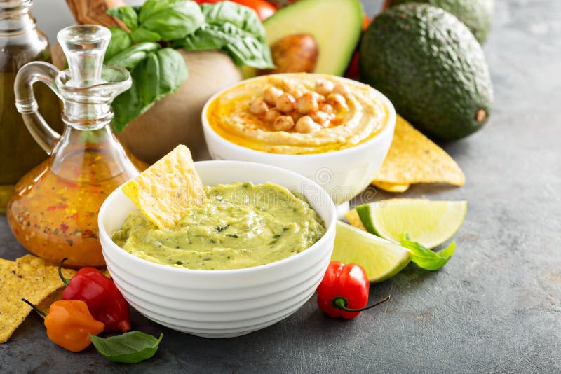 Guacamole and Hummus in White Bowls Stock Image Image of fresh