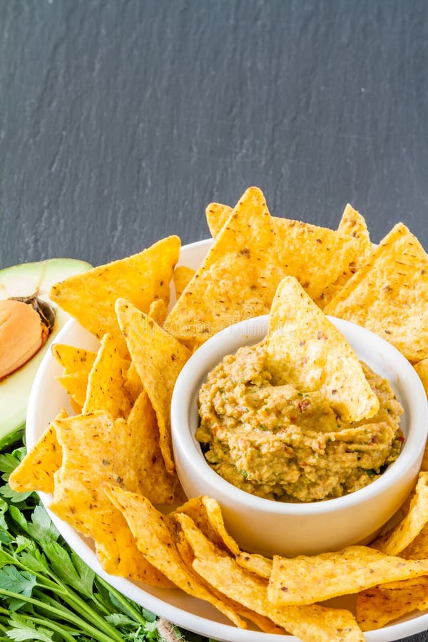 Guacamole Sauce, Nachos and Ingredients Stock Image Image of green
